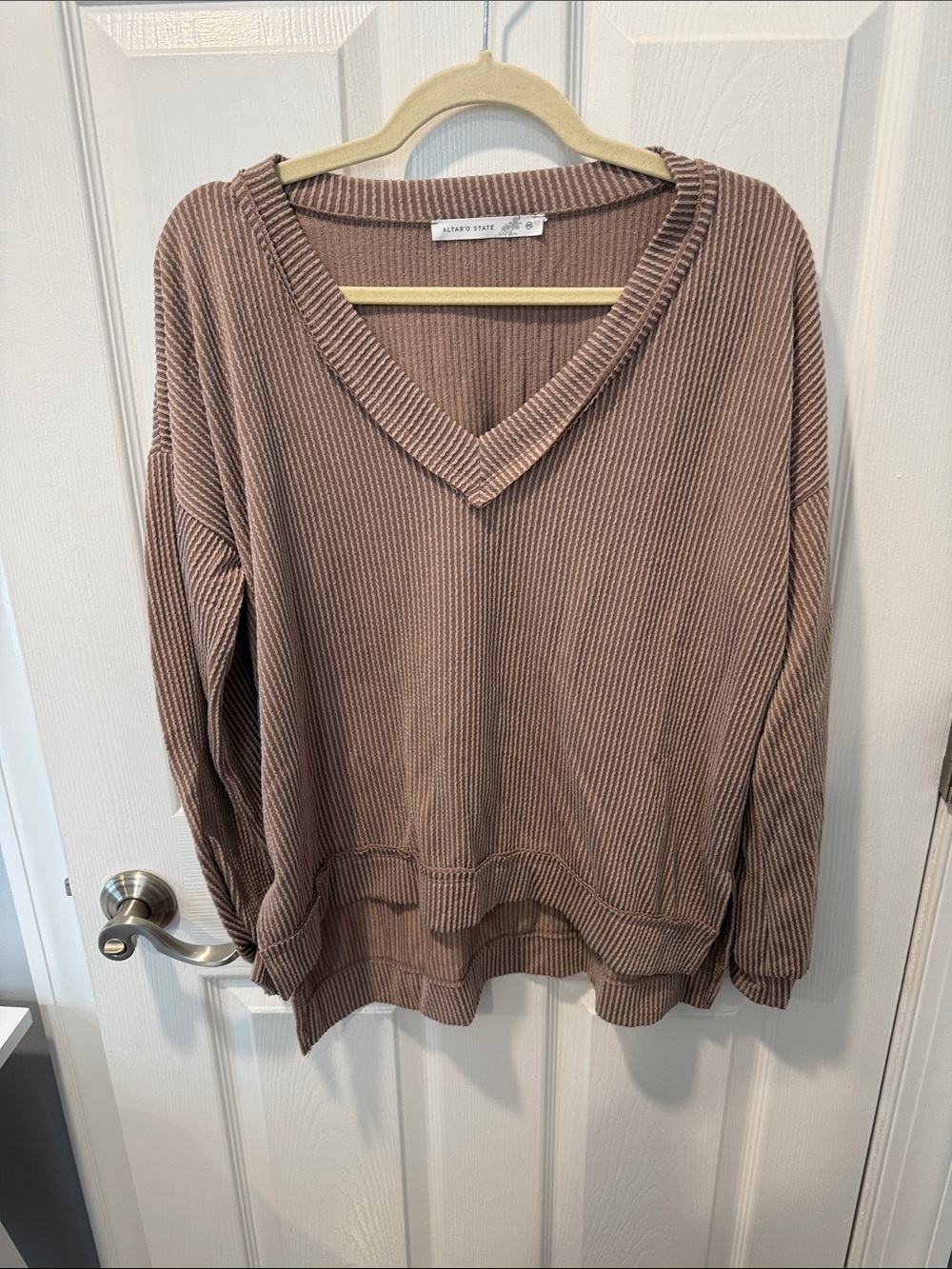 Altar'd State Ribbed V-Neck Pullover - Taupe Brown